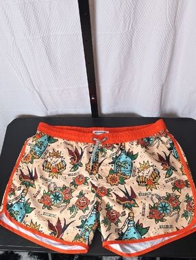 Graphic Print Retro Swim Shorts - Orange Trim Size Xxl